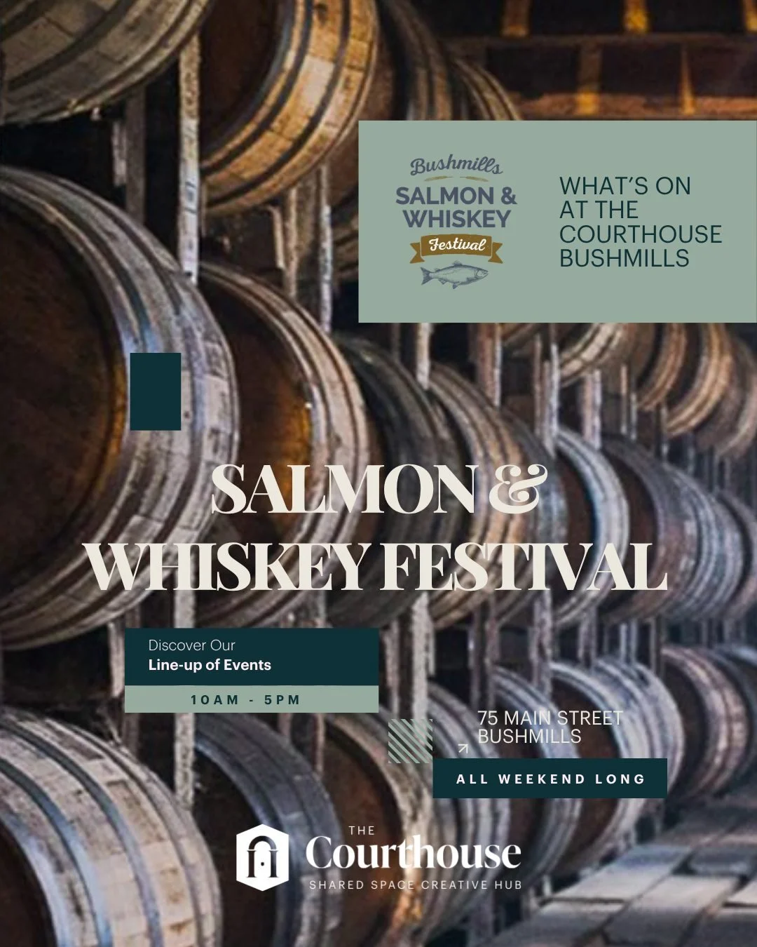 Salmon &amp; Whiskey Festival 🥃 ✨🐟

Storm Amy may have shifted a few plans, but we&rsquo;re full steam ahead with the celebrations! 

With even more live music, cookery showcases and heritage demos added to the programme, The Courthouse Bushmills i
