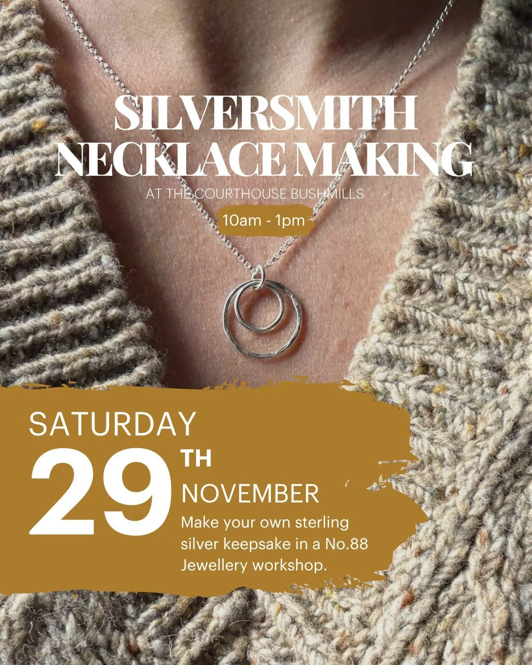 Saturday 29th November | 10am &ndash; 1pm

Take time to pause, create and connect in this beautifully guided silversmithing workshop with Amy of No.88 Jewellery.

In a calm and welcoming setting, you will craft your own sterling silver necklace, lear