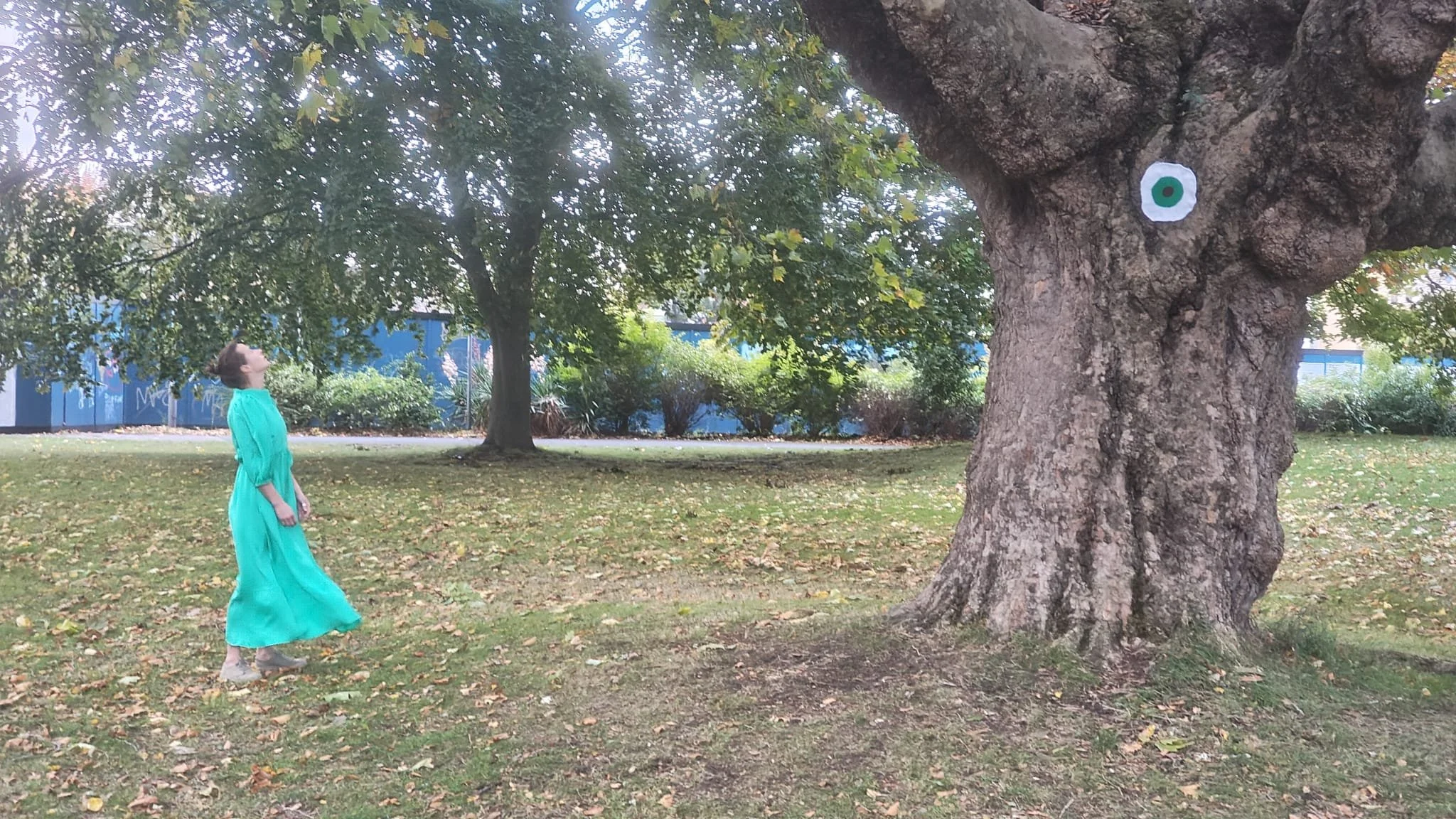 ©Judita Vivas.
An image of a female performer in a bright green dress standing and looking up at an old London Plane tree with a crocheted eye attached to its large trunk.