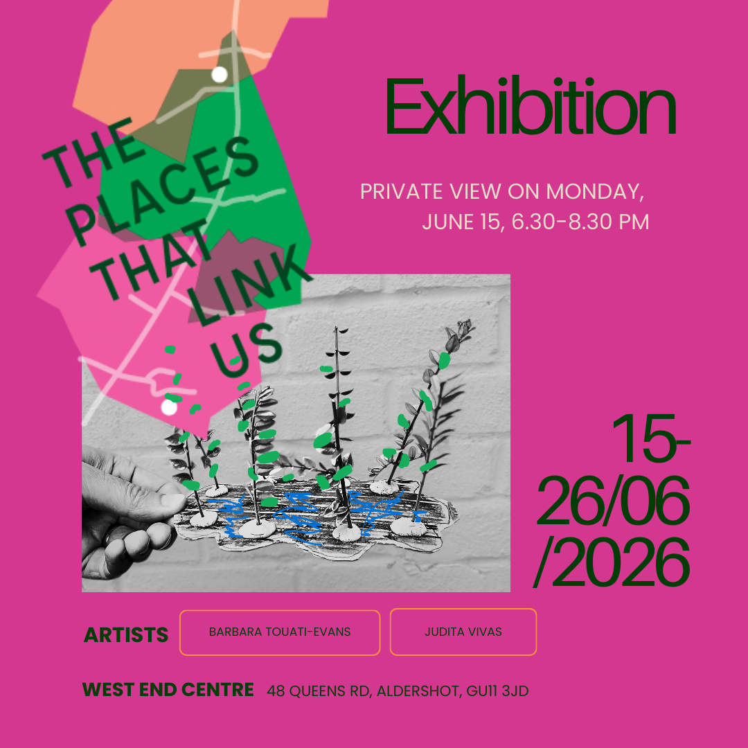 The poster for The Places That Link Us exhibition: bright pink background, with the project logo in the upper-left corner, a black and white image of a hand holding a piece of cardboard with wavy edges and small branches with small leaves attached.