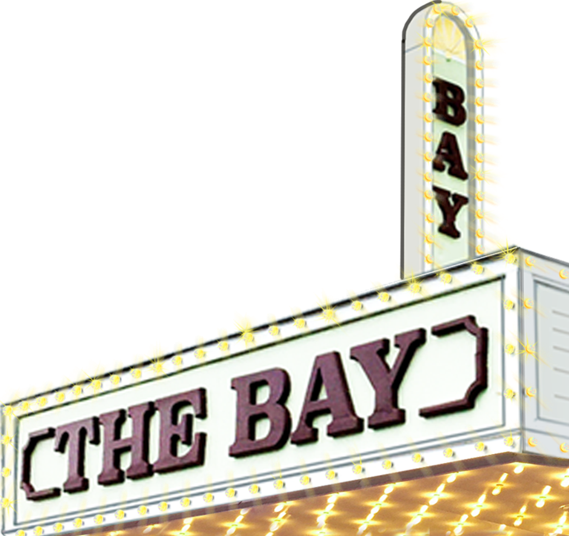 Marquee sign with the words "The Bay" in bold letters, surrounded by lights.