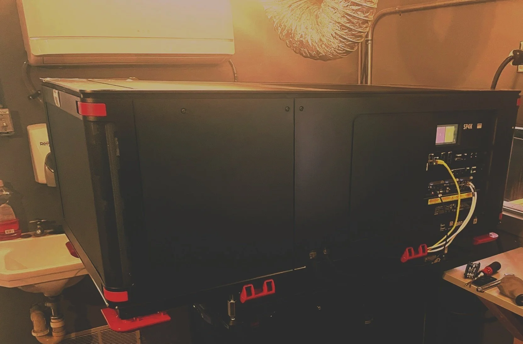 The new projector setup in the projection booth.