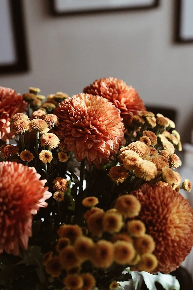 A bouquet of orange and peach chrysanthemums and small yellow daisies.