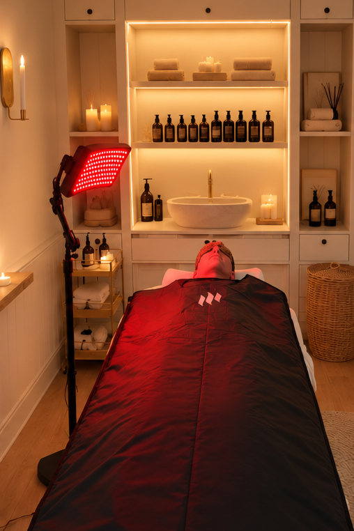 man lying on a bed in a spa treatment room wrapped in a sauna blanket and wearing an eye mask