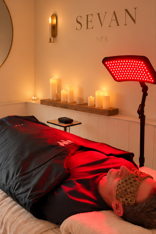 man lying on a bed in a spa treatment room wrapped in a sauna blanket with a eye mask on and red light therapy over him