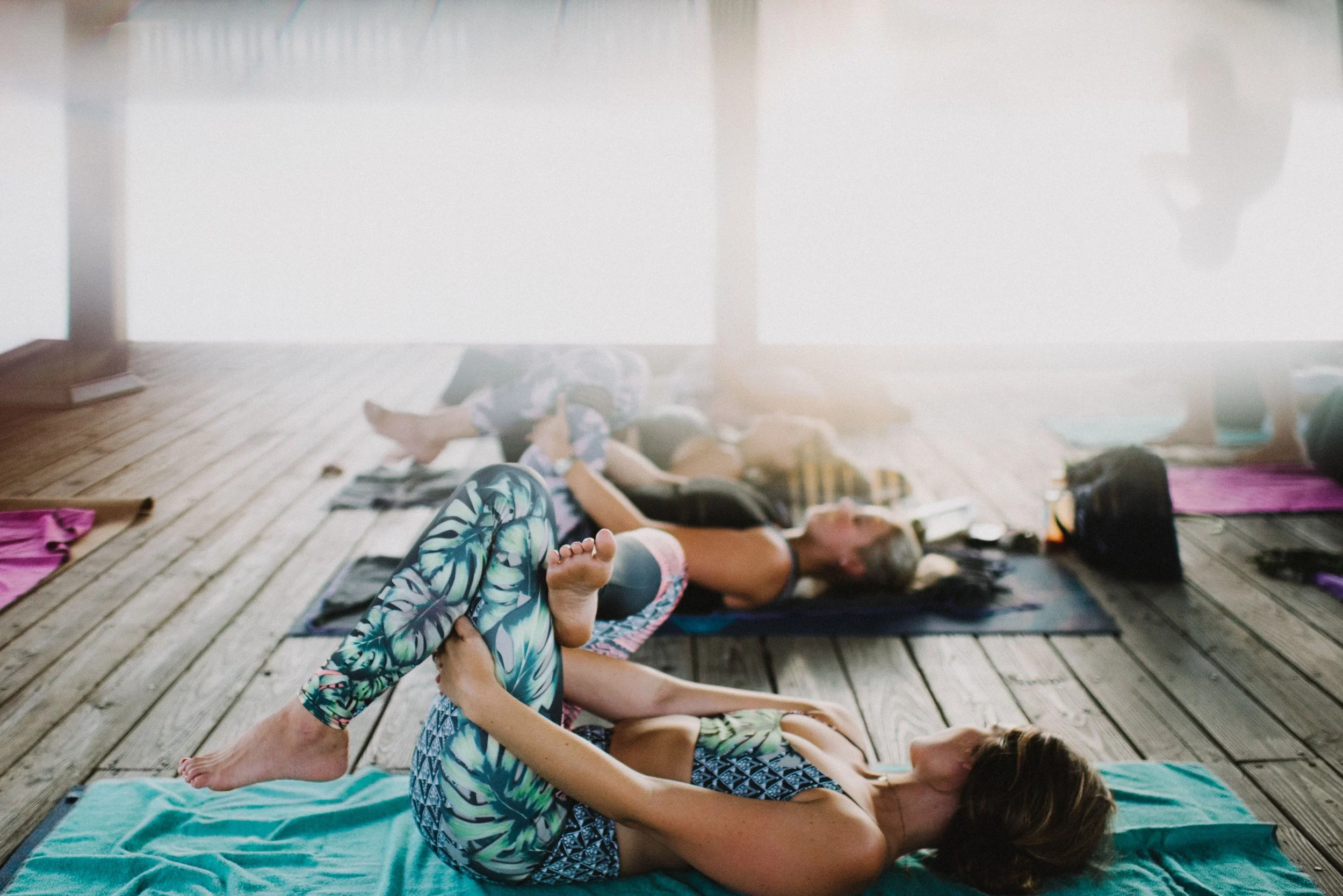 Bachelorette group enjoying a private yoga session in the Charleston area.