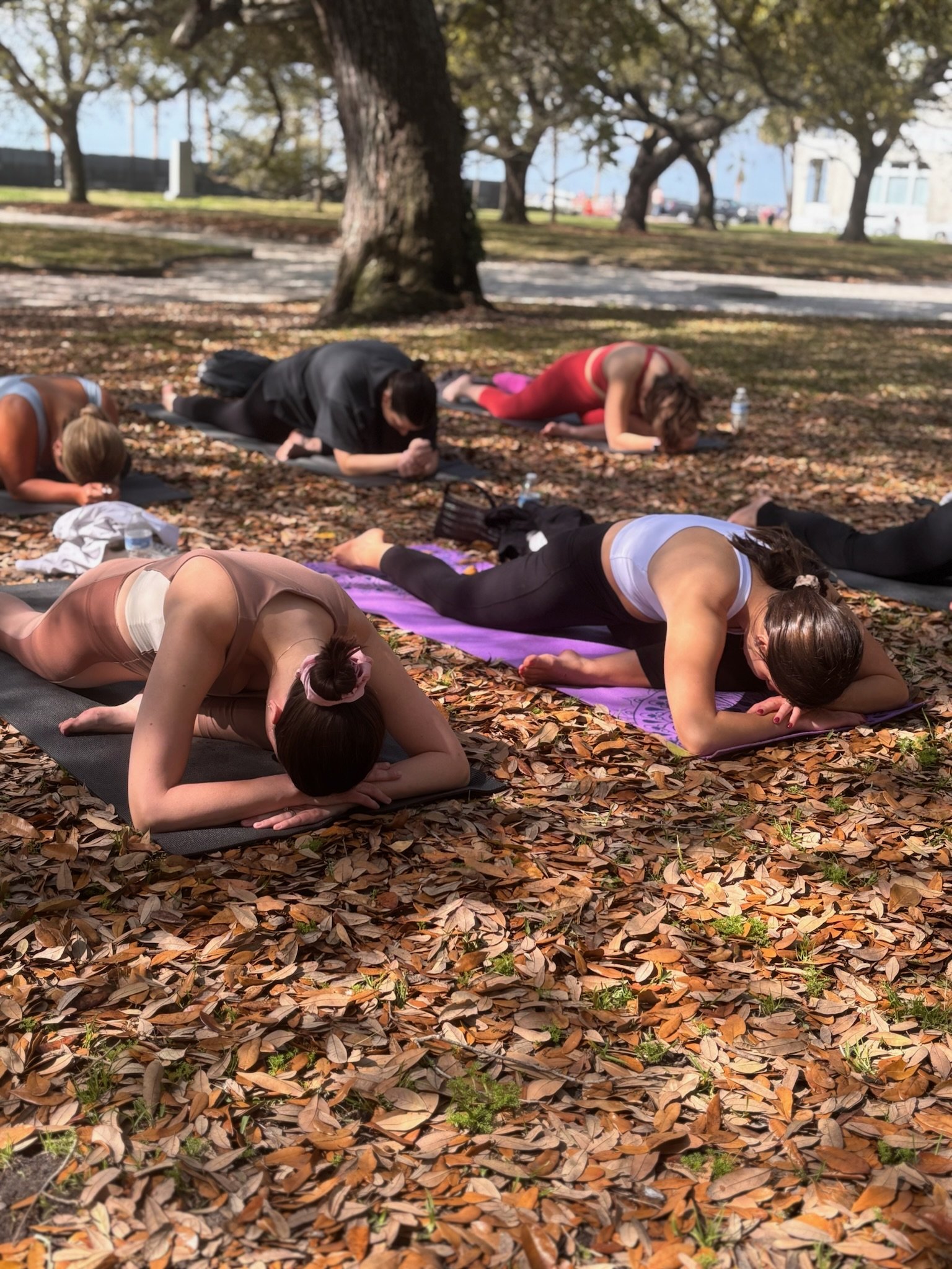 Outdoor yoga and guided relaxations during a private girls' getaway in Charleston, South Carolina. 