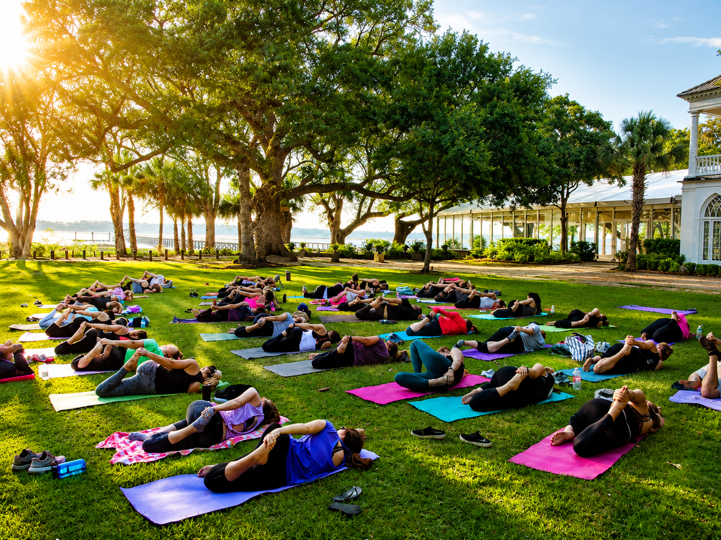 Community outdoor yoga class in Charleston, South Carolina with participants practicing together at White Point Gardens