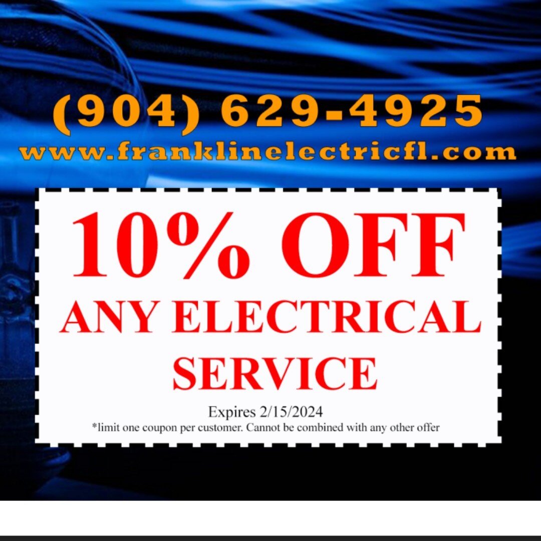 LAST DAY to get 10% OFF ANY ELECTRICAL SERVICE!

FREE Panel Inspection
Residential &amp; Commercial
24/7 Emergency Services

Call now 904-629-4925 or visit our website www.franklinelectricjax.com

#ElectricalServices #ResidentialElectrician #Commerci