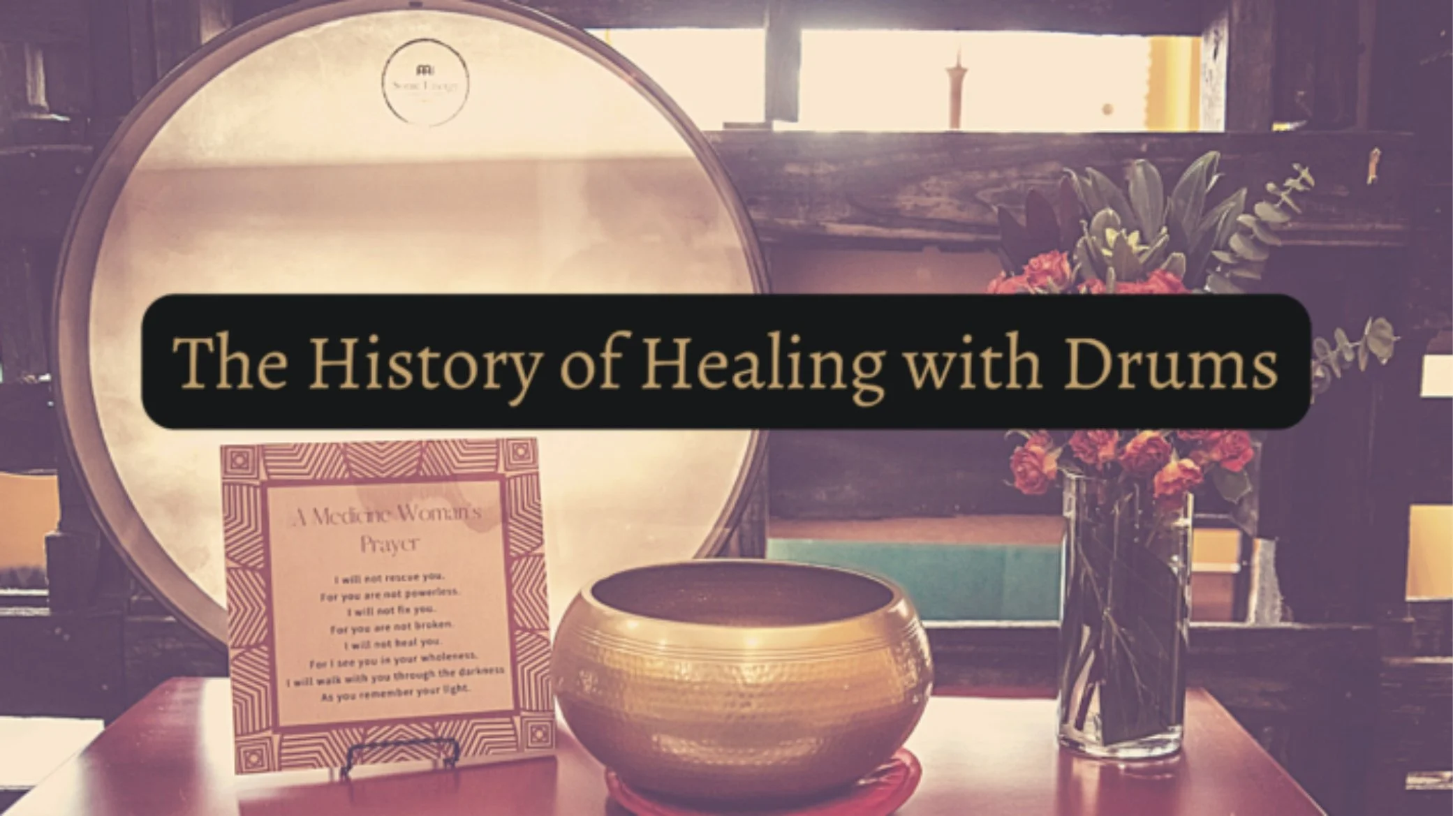 Illustration of serene drum and flower vase with text, The History of Healing with Drums