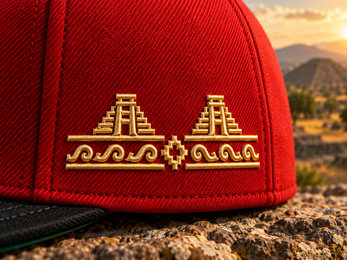 Teotihuacan gold embroidery on red cap.png