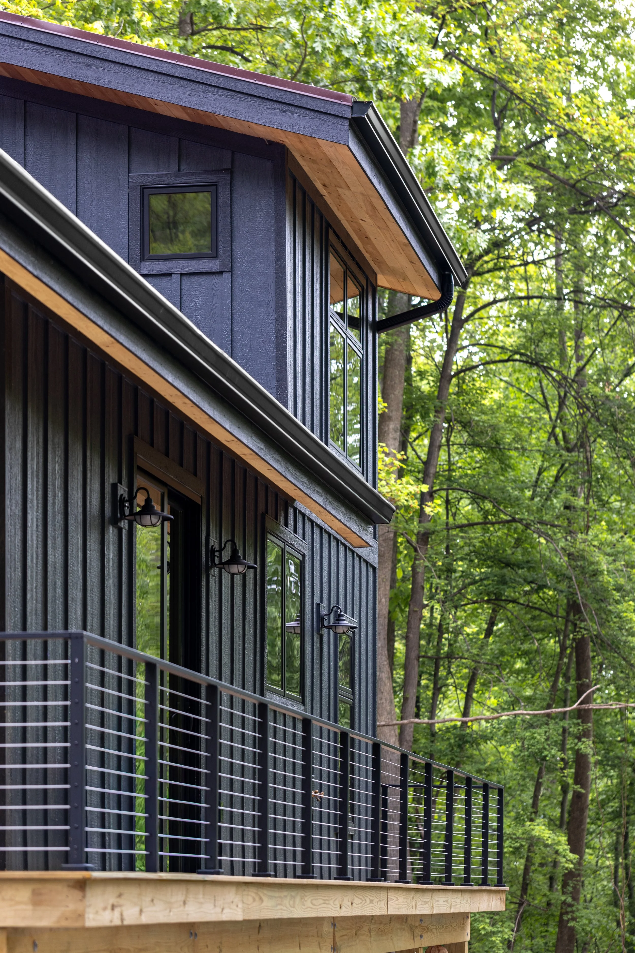    Front exterior of a custom mountain home with black board-and-batten siding, exposed timber accents, expansive windows, and a wraparound deck nestled in the wooded landscape of Nelson County, Virginia.