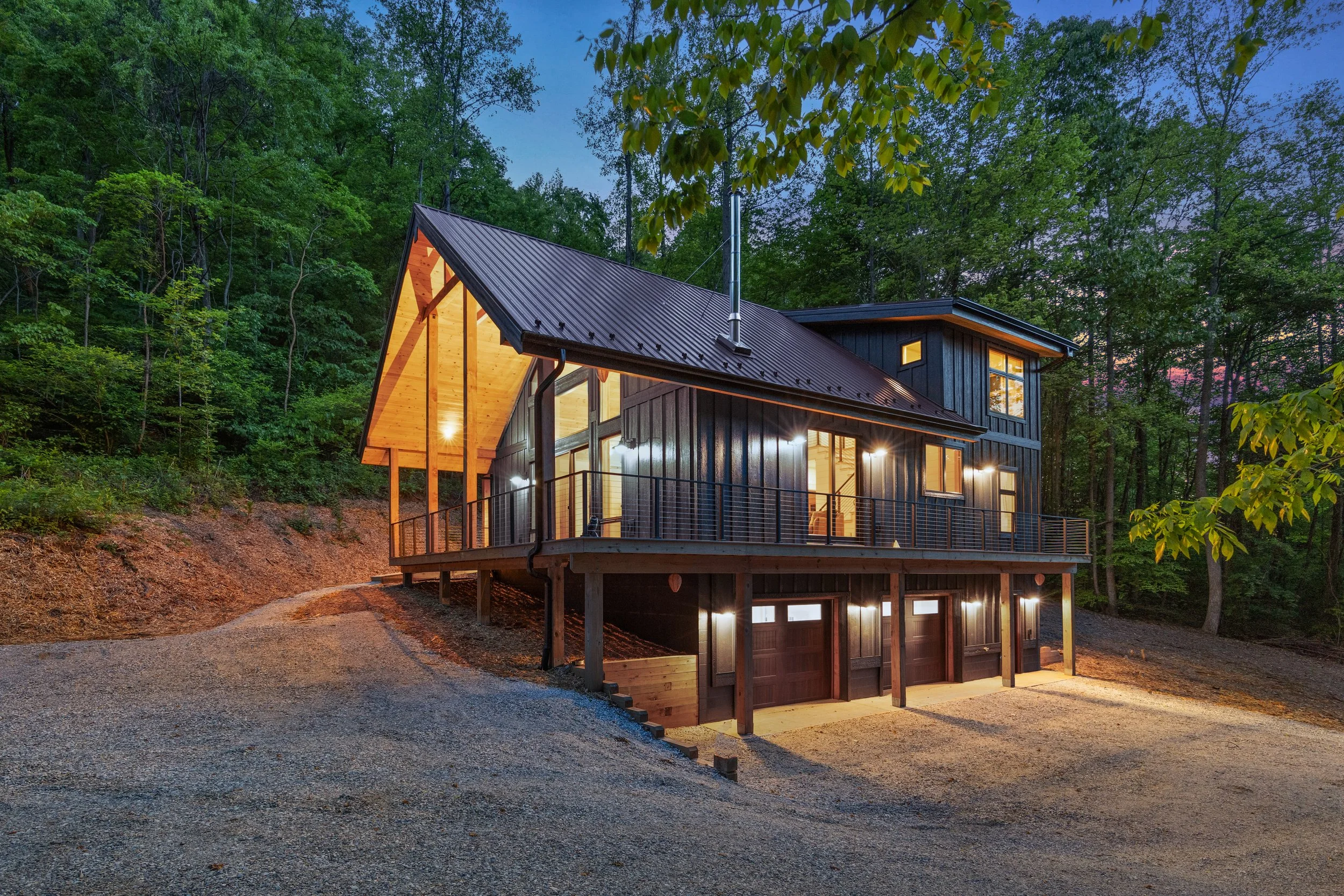 Contemporary mountain home combining natural materials, handcrafted woodwork, and modern design for comfortable year-round living in Central Virginia.