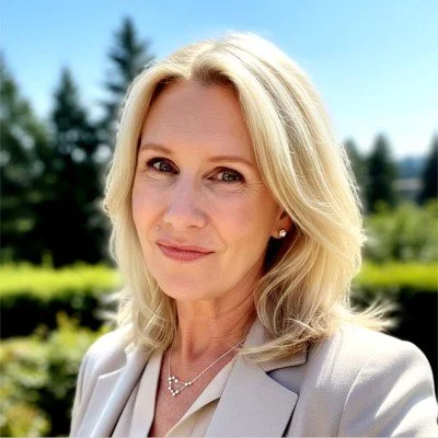 Portrait of a blonde woman outdoors with a blurred natural background.