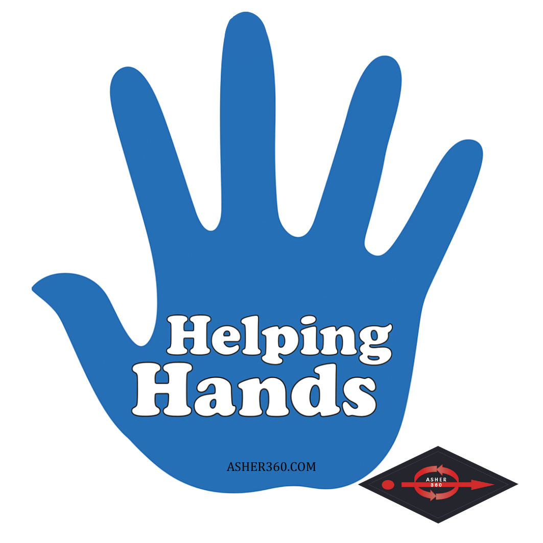 Blue hand silhouette with the text 'Helping Hands' and the website 'ASHER360.COM' inside the hand. There is also a black logo with red and white details at the bottom right corner.