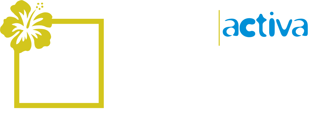 Logo combinant une fleur hibiscus verte, un texte blanc 'LIFE WITH PACK', et les logos 'SHINZÔ artisański et commercants' en blanc, avec 'activa' en bleu et une ligne séparatrice jaune.