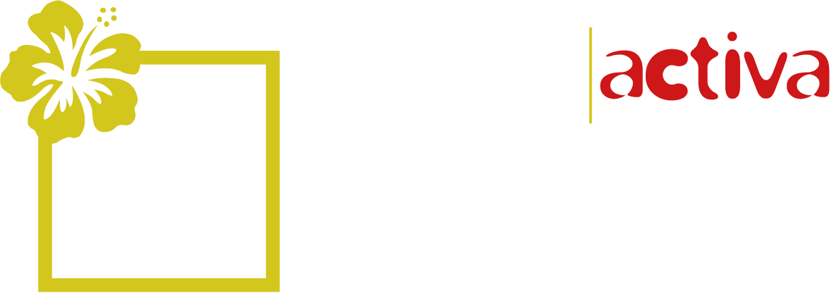 Logo combiné de Shiñzô Activa avec un hibiscus jaune, texte en anglais et français, mentionnant « Life with Pack » et « Entreprises & PME ».