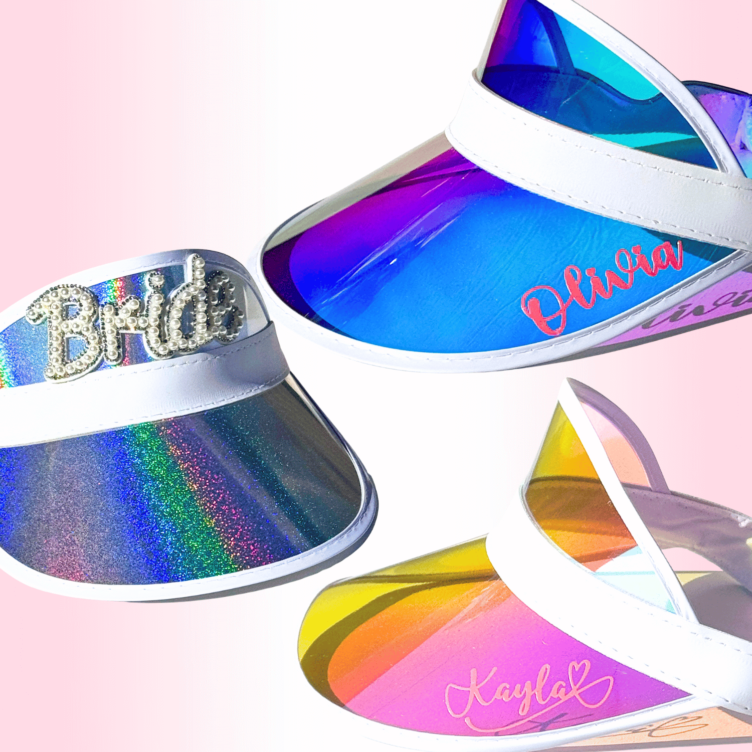 Personalized bachelorette sun visor hats customized with names, perfect for bridal party and bachelorette celebrations