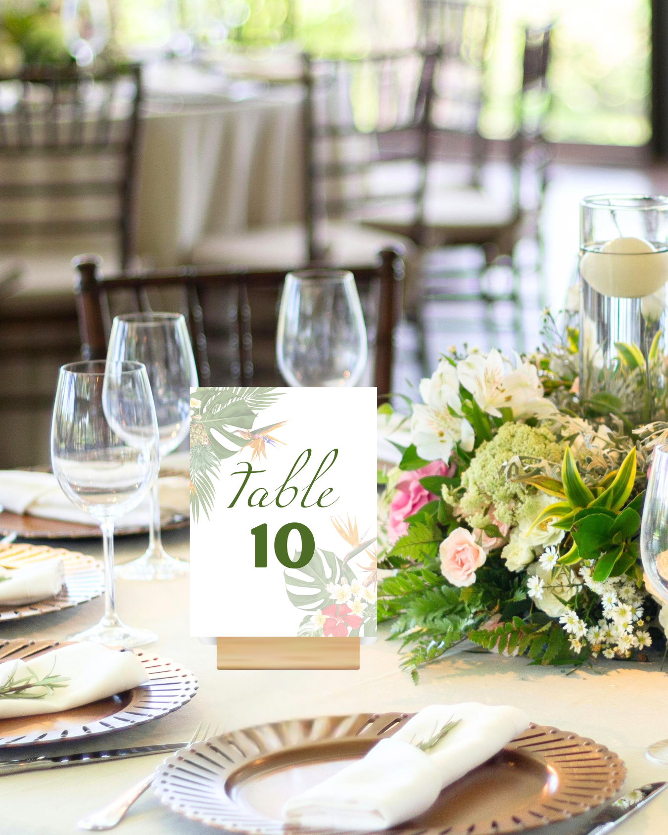 Birds of Paradise Wedding Table Numbers with Wooden Holders – Tropical Floral Reception Decor