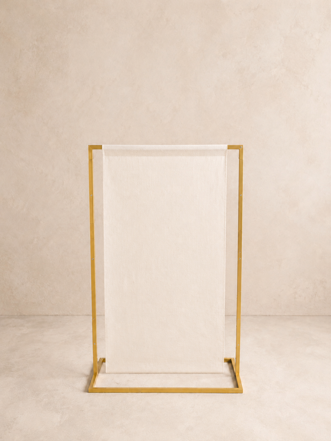 Classic fabric welcome sign displayed on an elegant gold stand for a wedding or special event.