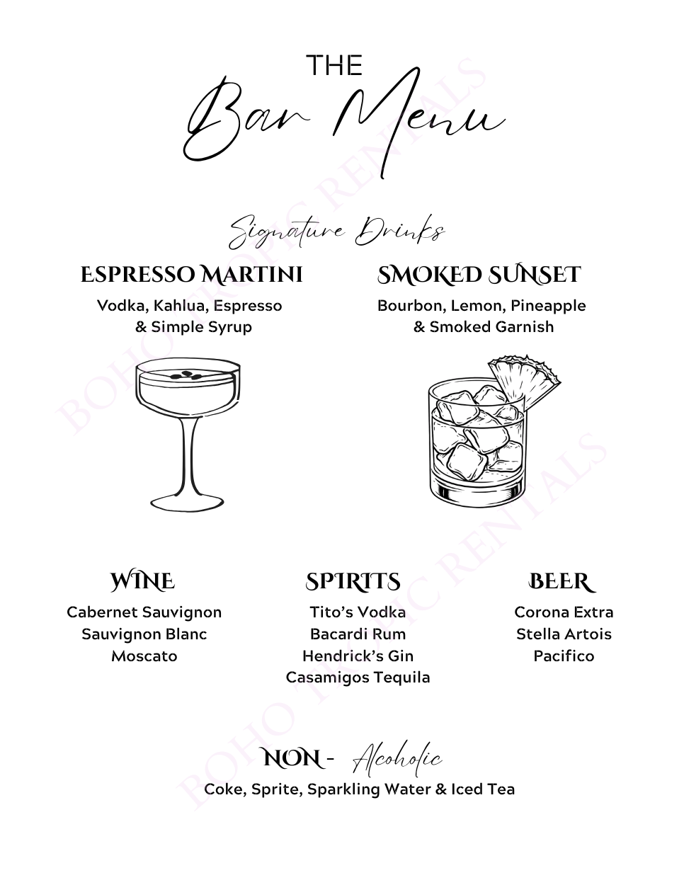 A bar menu featuring signature drinks, including Espresso Martini with vodka, Kahlua, espresso, and simple syrup, and Smoked Sunset with bourbon, lemon, pineapple, and smoked garnish. The menu also lists wines, spirits, beer, and non-alcoholic beverages, along with illustrations of a cocktail glass and a glass of whiskey with ice and a pineapple garnish.