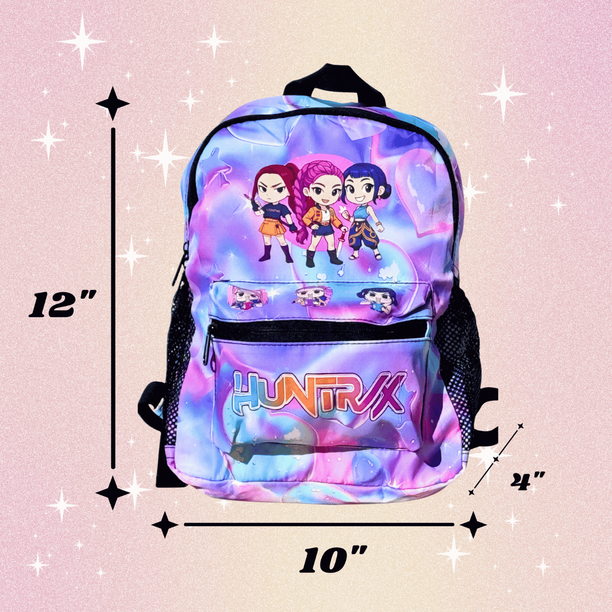 K-Pop Demon Hunters Huntrix girls mini backpack in purple, compact kids school bag with adjustable straps and front zip pocket.