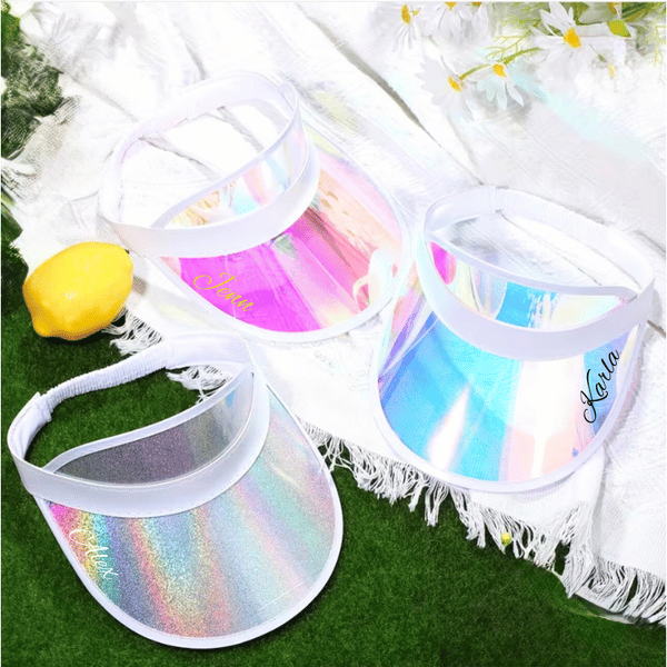 Personalized bachelorette sun visor hats customized with names, perfect for bridal party and bachelorette celebrations