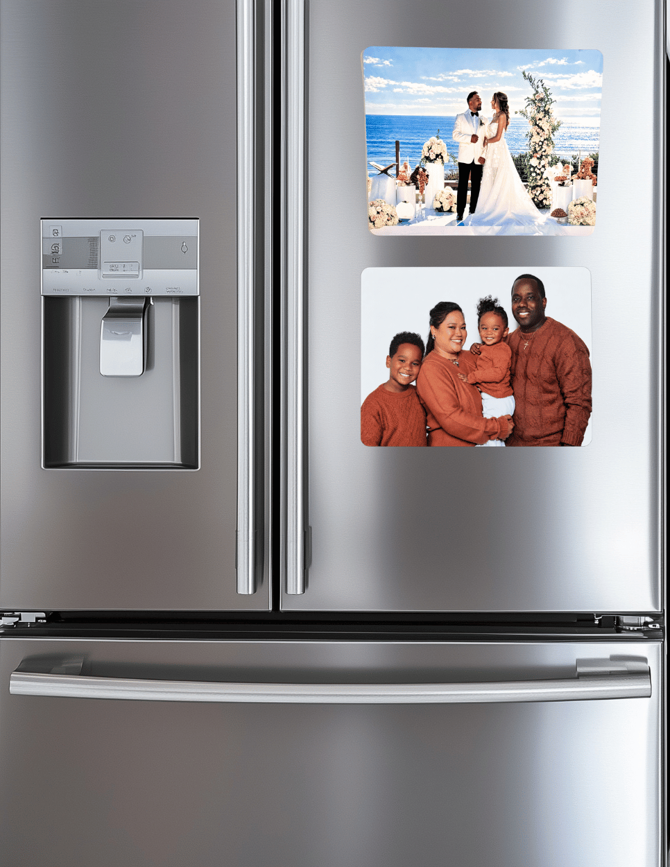 Custom 8x10 aluminum photo magnet featuring a personalized family portrait with rounded corners.