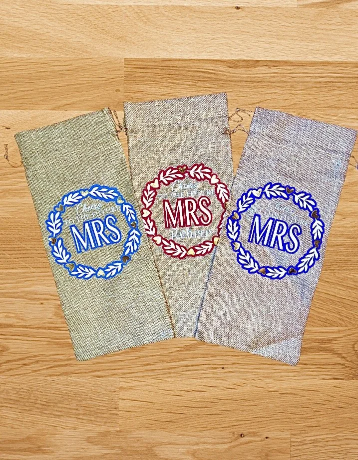 Personalized burlap wine gift bag featuring “Cheers to the Future Mrs” with custom name