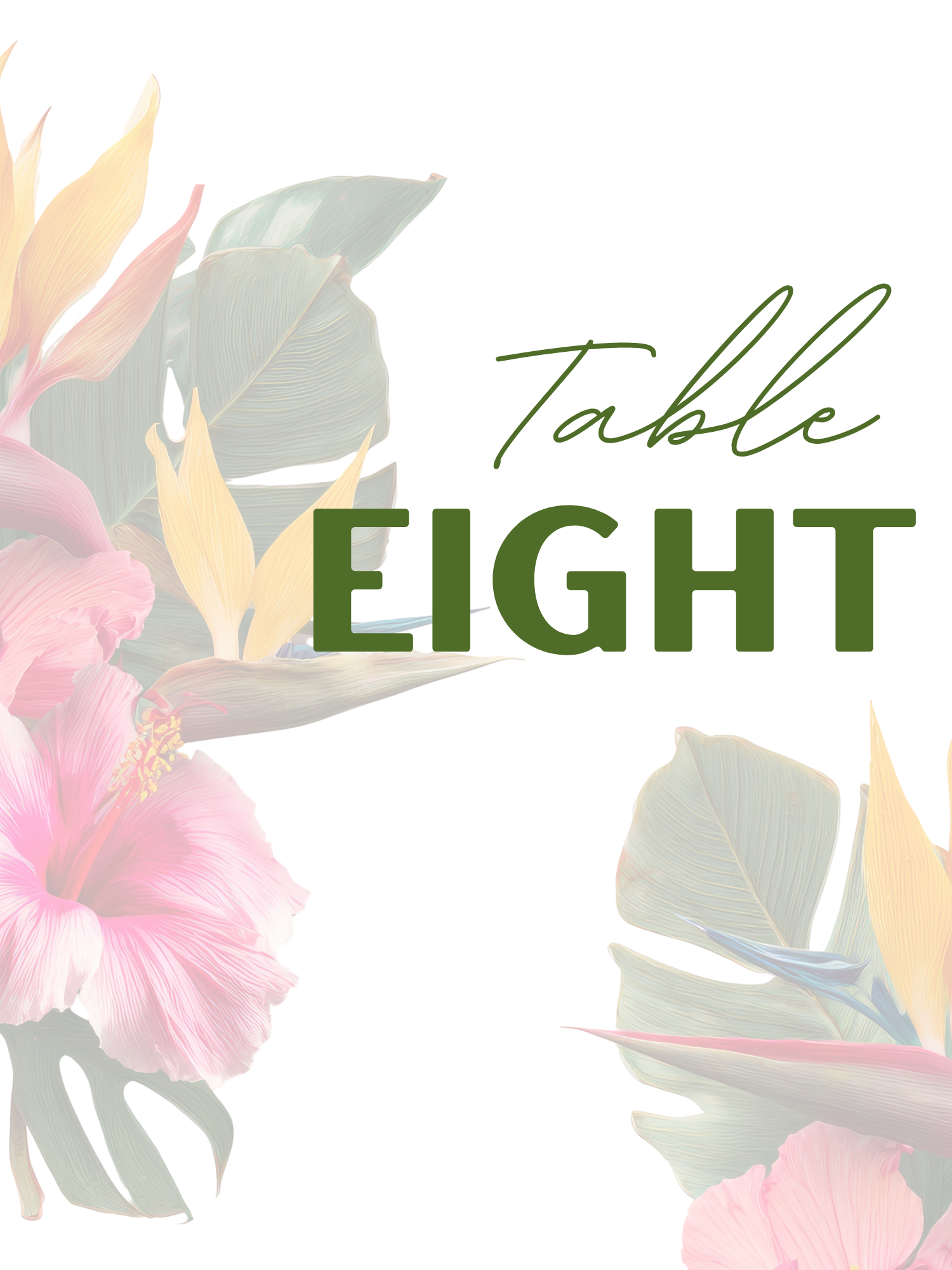 Island Paradise table number card printed on premium 110 lb cardstock, displayed in a natural wooden block stand, featuring tropical greenery design.