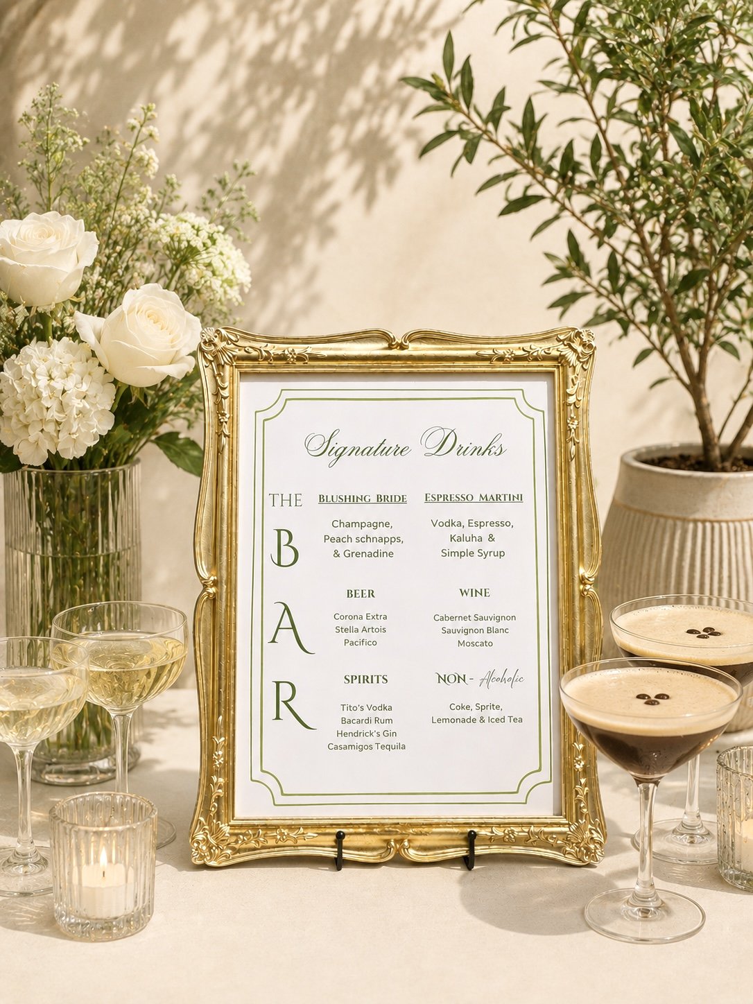 Gold Photo frame with custom bar menu for special occasions and wedidngs
