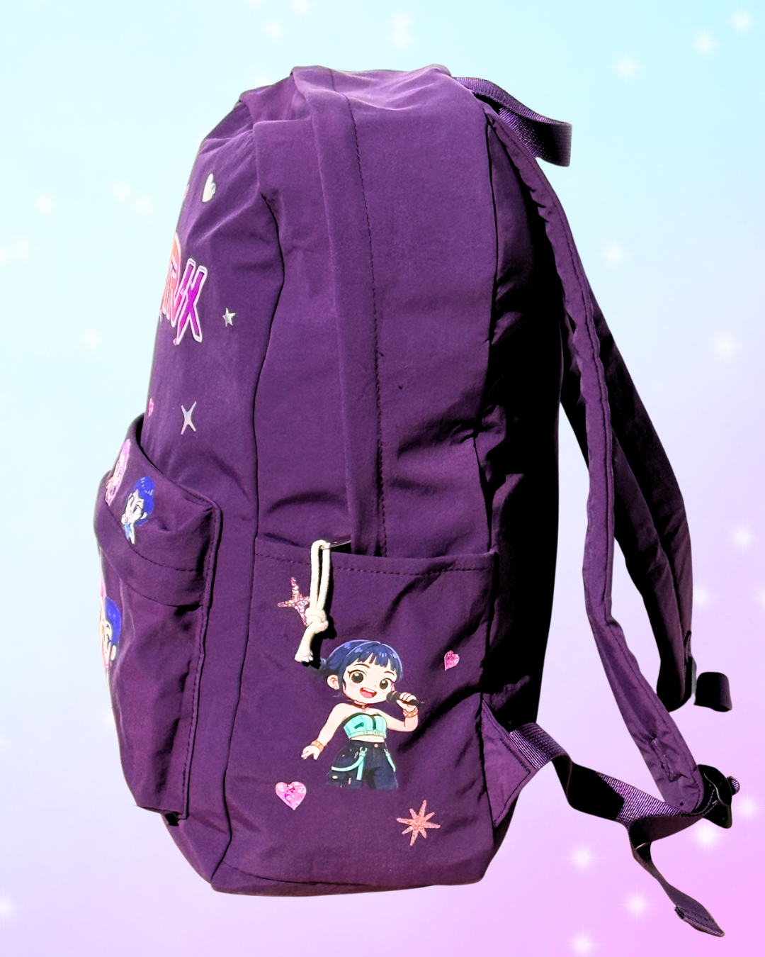 Huntrix K-Pop Demon Hunters purple school backpack with three compartments and padded straps, perfect for students and fans in San Diego.