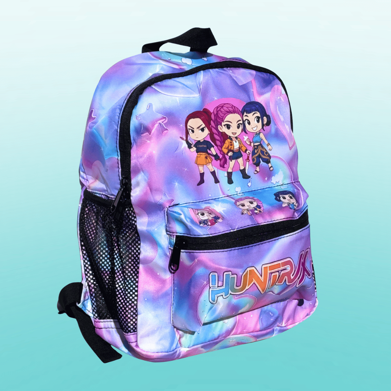K-Pop Demon Hunters Huntrix girls mini backpack in purple, compact kids school bag with adjustable straps and front zip pocket.