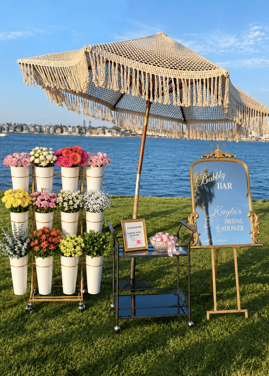 Flower Bar with bar cart, personalized mirror and cream umbrella 