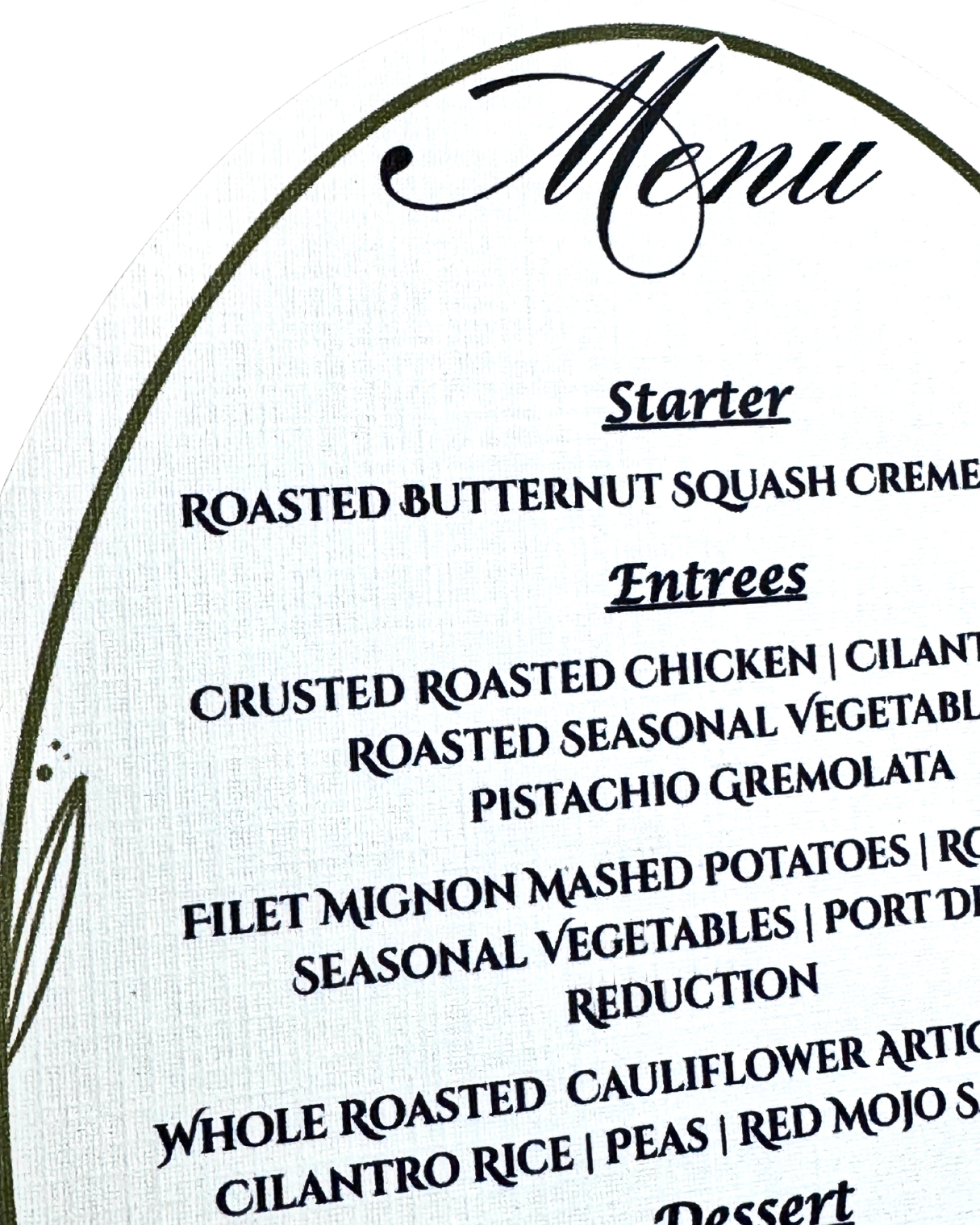 Premium textured wedding dinner menus printed on custom cardstock for reception tables in San Diego