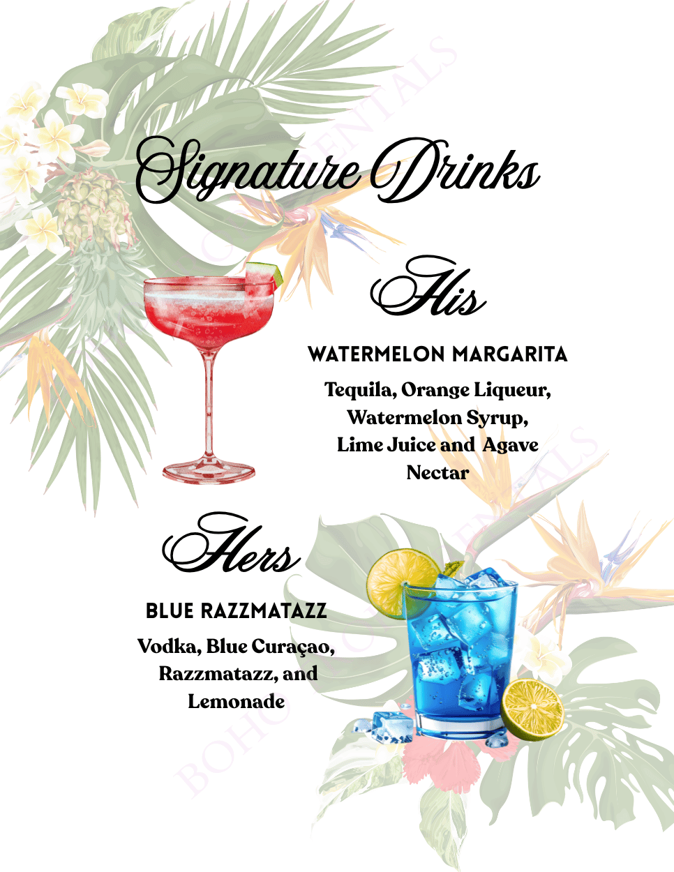 A tropical-themed menu featuring two signature drinks: a red watermelon margarita with a lime wedge and a blue Razzmatazz cocktail with lemon slices, set against a background of green tropical leaves and flowers.