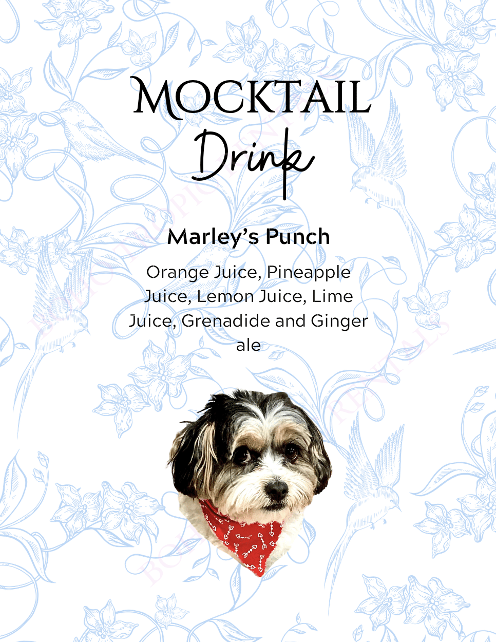 A menu design for a mocktail drink called 'Marley's Punch' featuring a cute dog wearing a red bandana with white bones on it, set against a light blue floral background with hummingbirds.