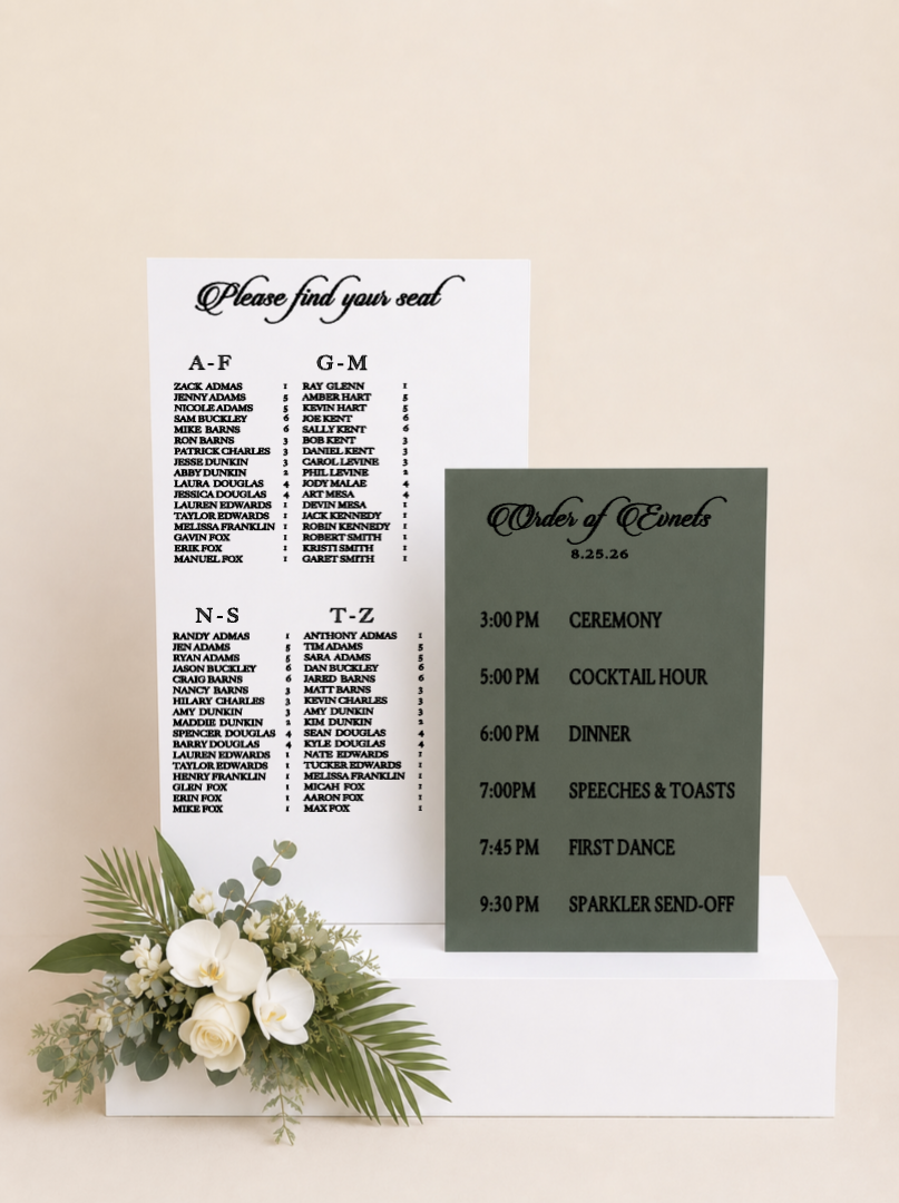 Custom wedding seating chart and event timeline display featuring personalized guest seating and ceremony schedule.