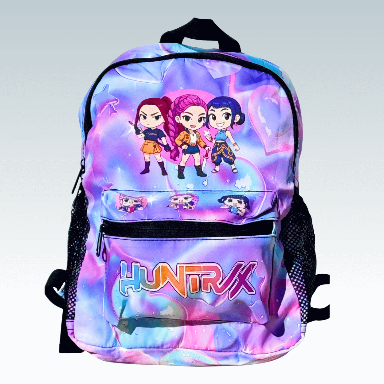 K-Pop Demon Hunters Huntrix girls mini backpack in purple, compact kids school bag with adjustable straps and front zip pocket.