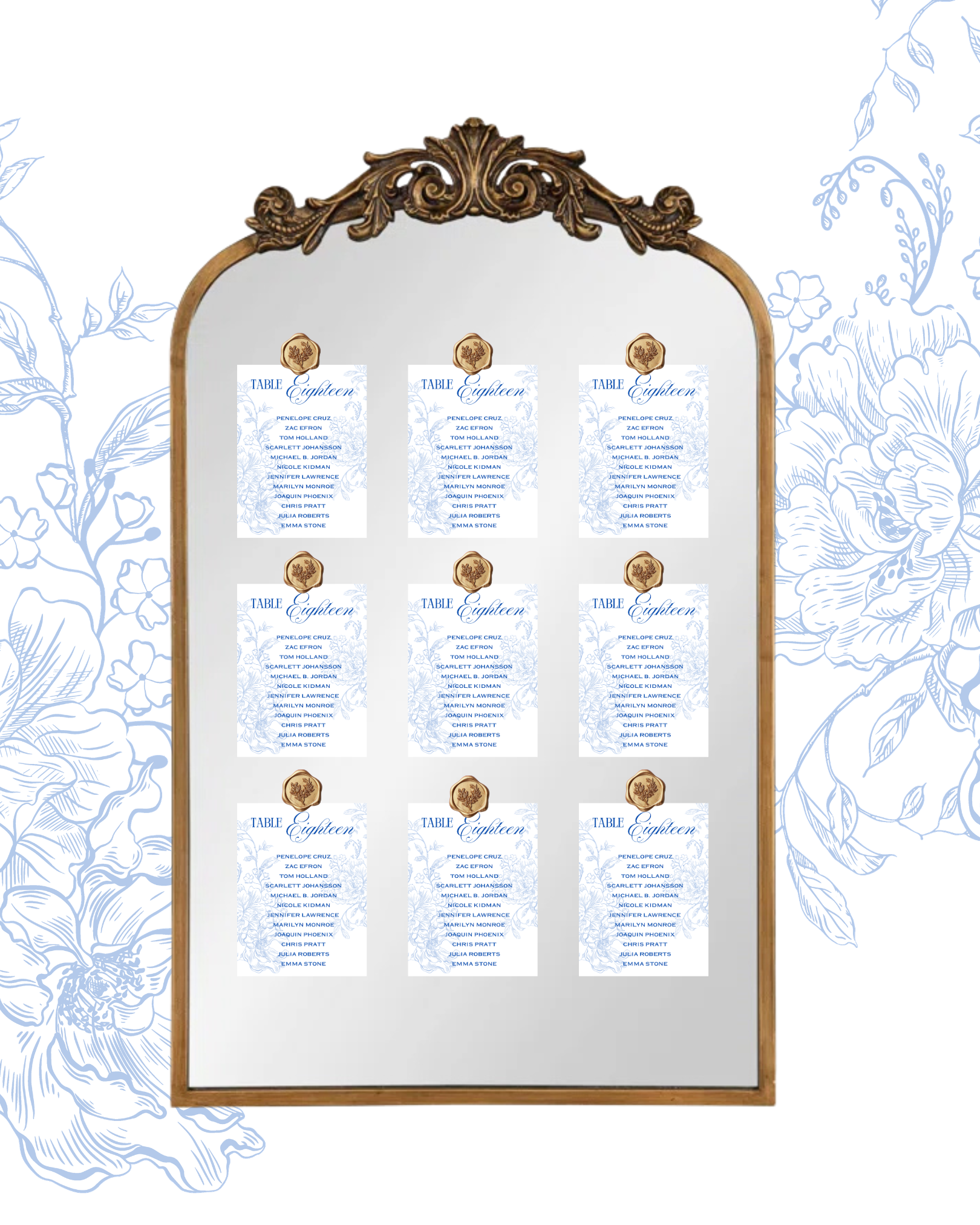 Blue Garden wedding seating chart cards with wax seal printed on premium cardstock for botanical wedding reception décor.