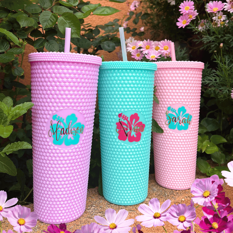 Hibiscus flower studded tumbler personalized with name, tropical-themed drinkware