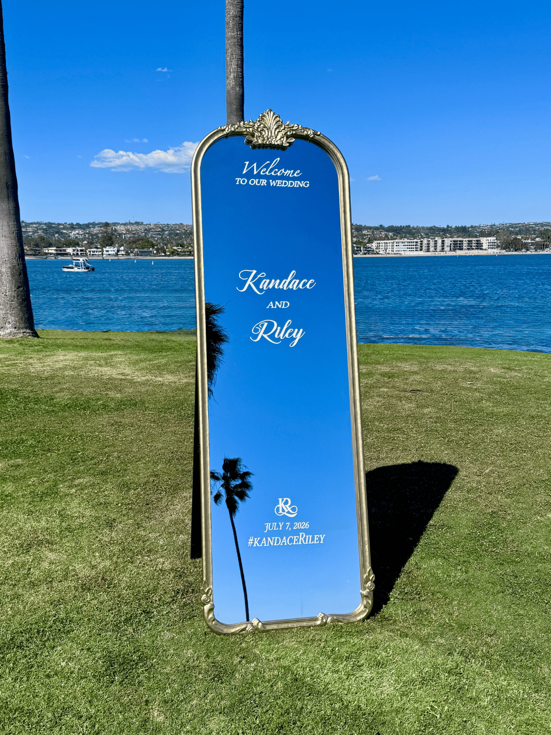 Elodie gold framed wedding welcome mirror sign with ornate vintage frame, custom wedding signage display