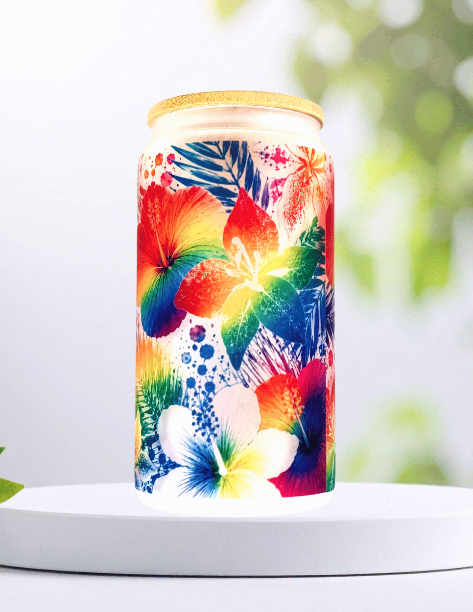 Rainbow tropical floral 16 oz glass tumbler featuring vibrant hibiscus flowers with a bamboo lid.