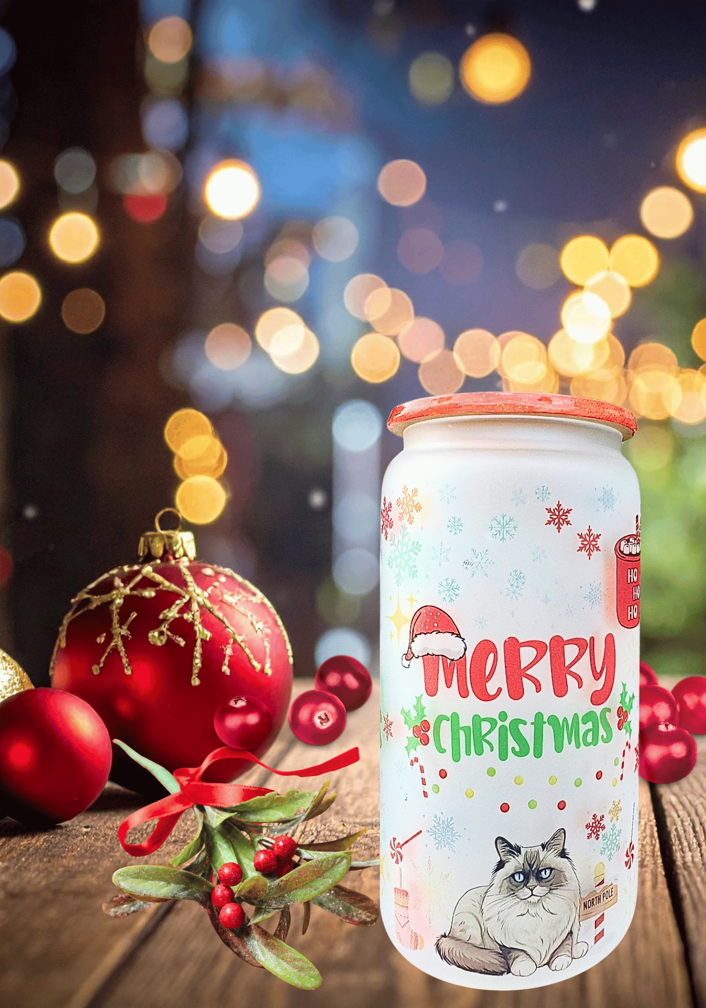 Custom Christmas 16 oz cat glass tumbler, festive holiday drinkware gift