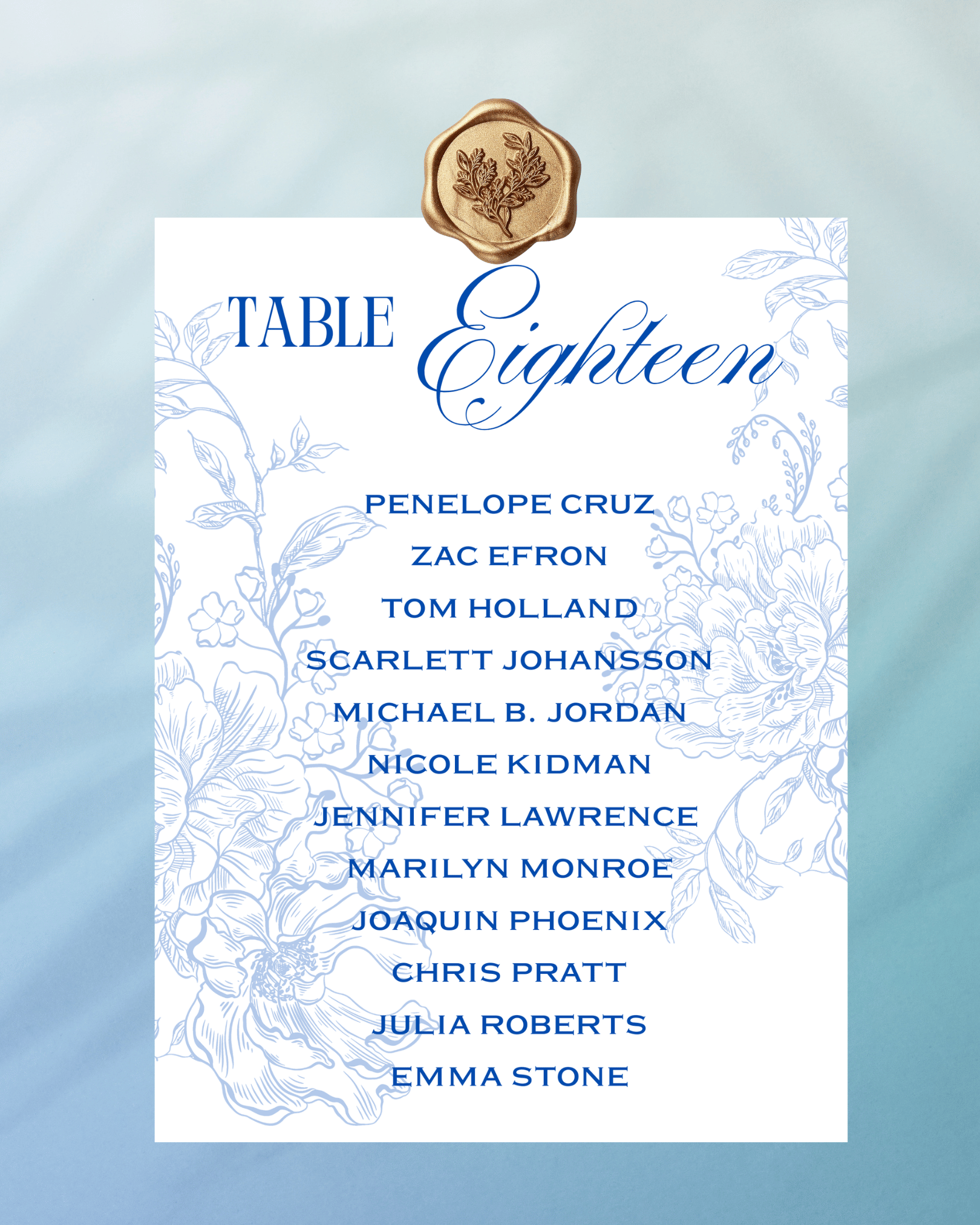 Blue Garden wedding seating chart cards with wax seal printed on premium cardstock for botanical wedding reception décor.
