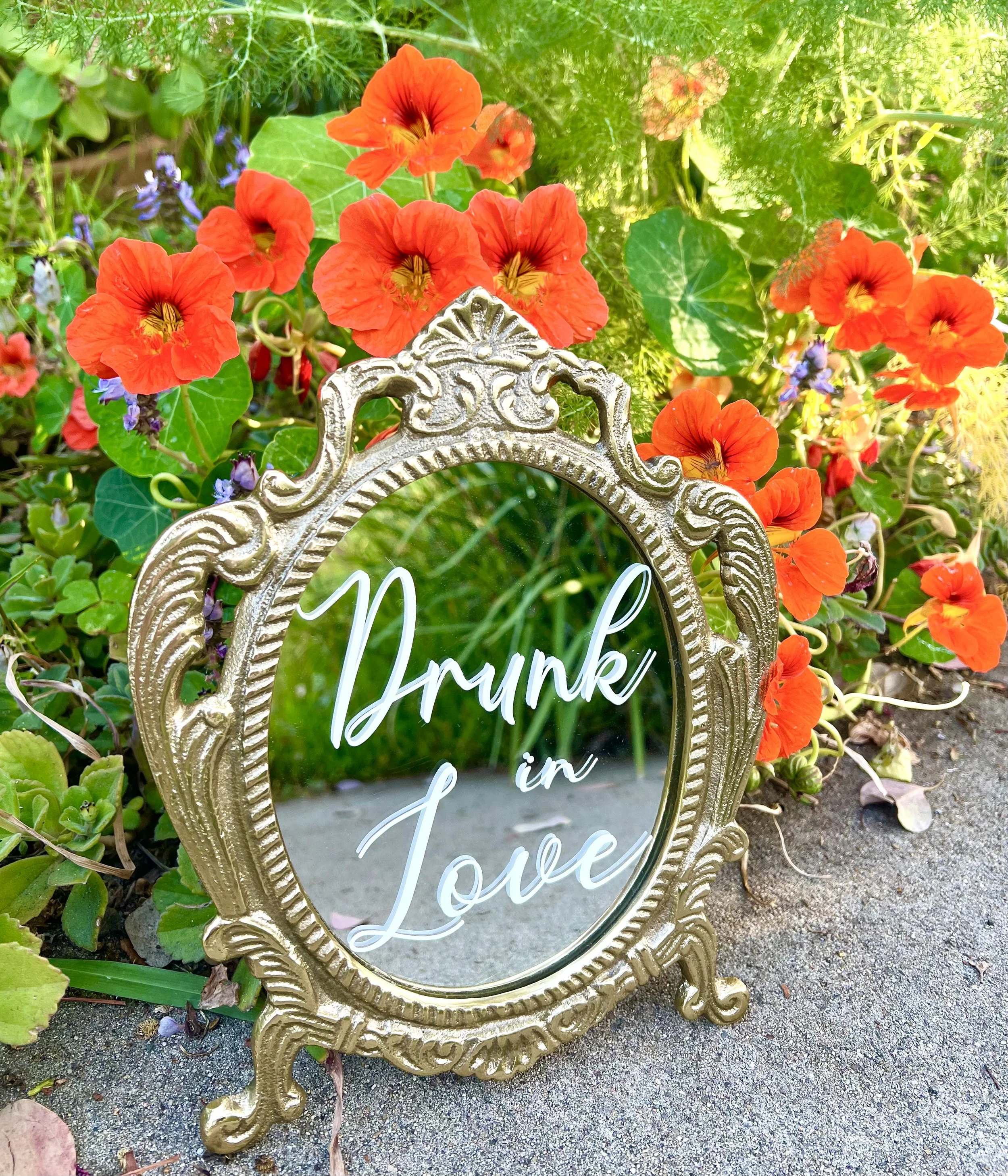 Elegant & timeless vintage tabletop mirror used for wedding bar sign or coffee bar. Channel your inner Beyonce with the phrase drunk in love or elevate your coffee station with this love is brewing sign.
