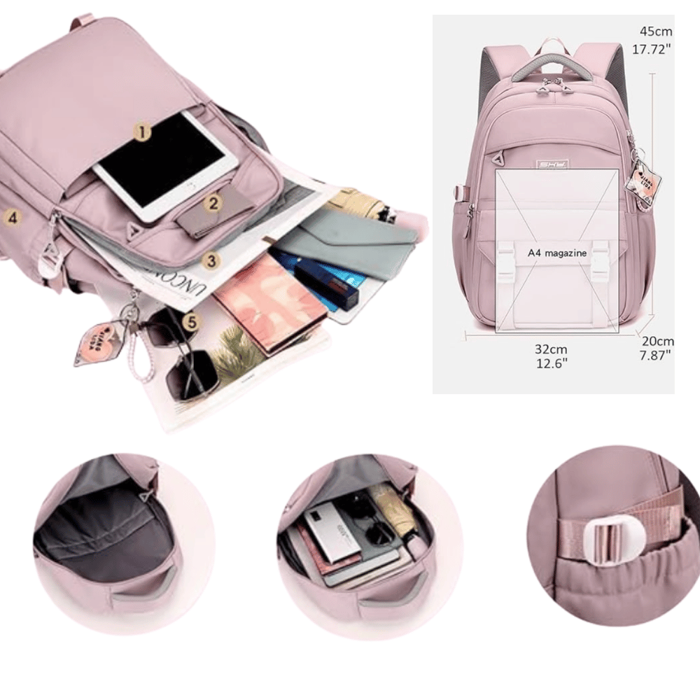 Huntrix girls dusky pink K-Pop Demon Hunters school backpack with laptop compartment, anti-theft back pocket, and multiple storage pockets.