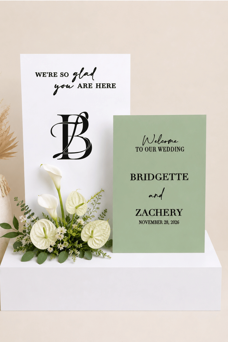 Custom dual board wedding welcome sign featuring personalized wedding signage for a modern wedding entrance.