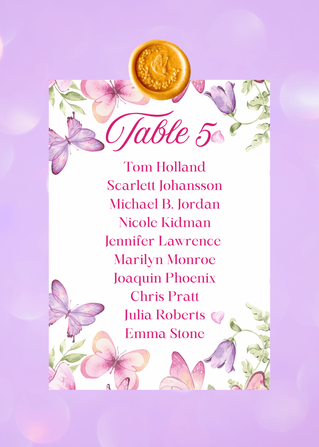 Quinceanera Butterfly themed printed seating chart card with guest names and gold butterfly wax seal
