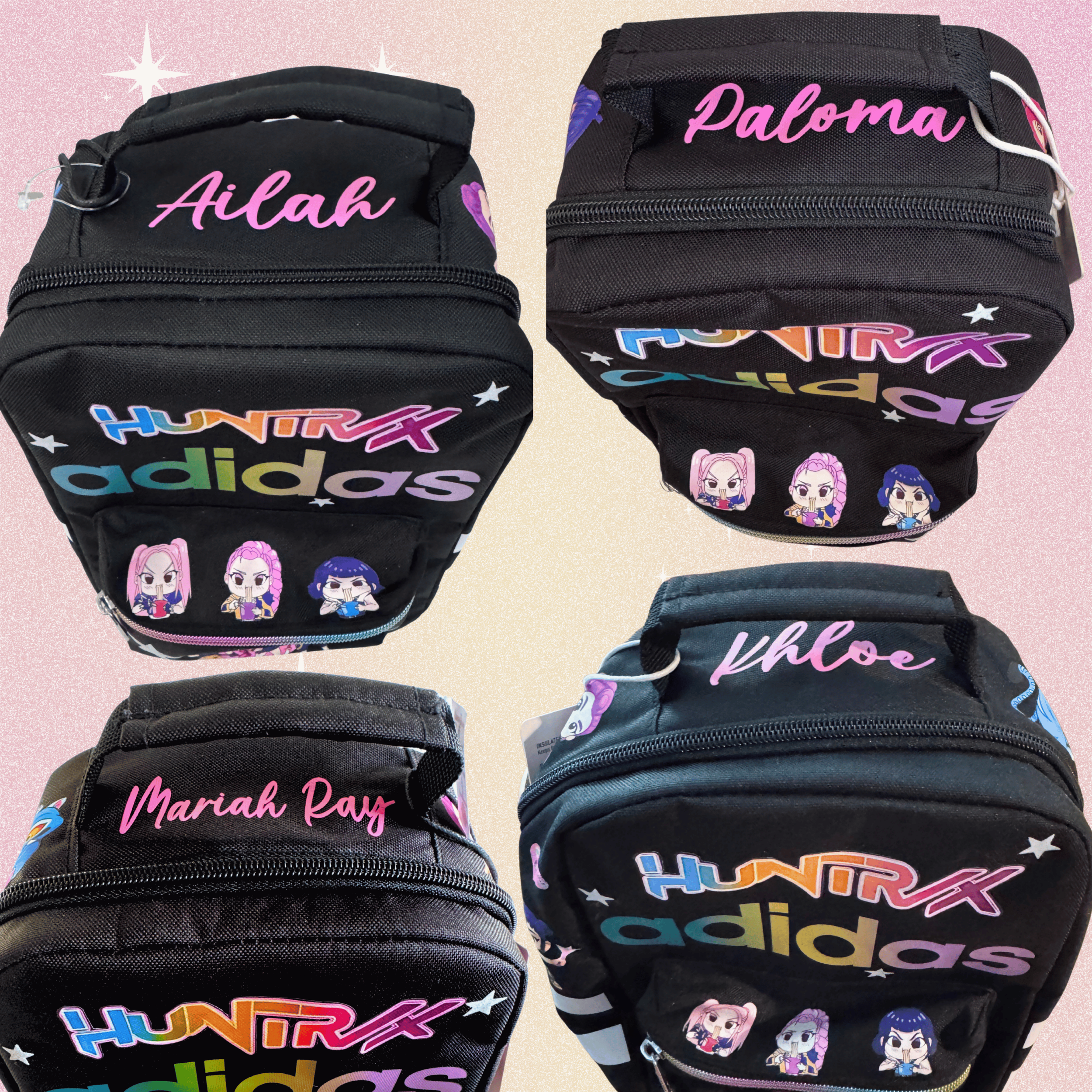 Personalized Huntrix Adidas kids lunch bag with name, K-pop Demon Hunters inspired design, insulated school lunch bag for kids